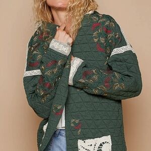 POL Green Quilted Jacket with Embroidered Accents